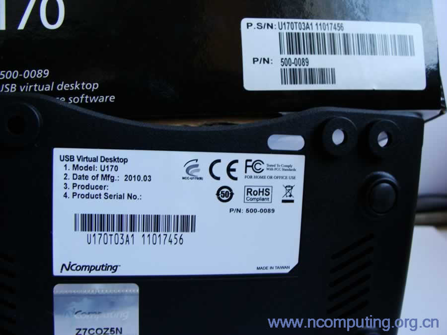 NComputing U170ԭװ���Ĳ�Ʒ���װ�ϵ����кź��豸��������������ǩ���к��Ƕ�Ӧ��(һ����),���ϻ��в�Ʒ�ķ�α��ǩ,ÿ�ײ�Ʒ����������ȫ��Ψһ��,������ͬ��. ����׼NComputingԭװ��Ʒ,�������Ʒ���װ��������Ͳ�Ʒ���к��Ƿ�Ψһ. 